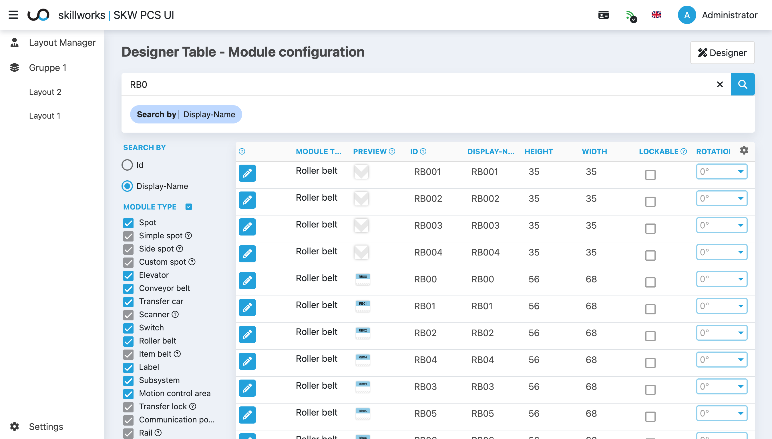 Skillworks SCADA – Tabellarische Modulbearbeitung